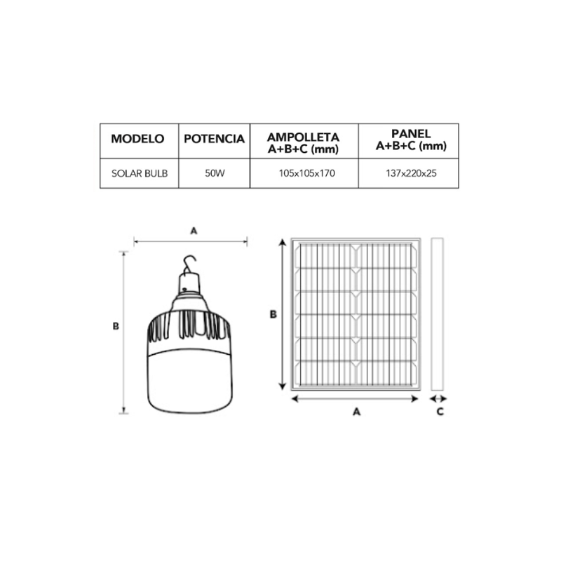 Ampolleta Led Luz fría Recargable Solar + Control remoto