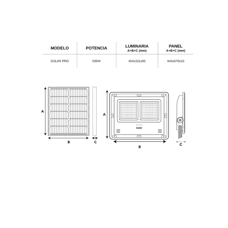 Foco Proyector Led con panel solar 500W 2500lm 6500K IP65 + Control remoto