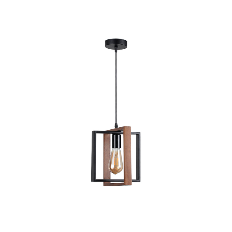 Lámpara Colgante Negro Con Madera Porta E27 Simple Modelo Chara