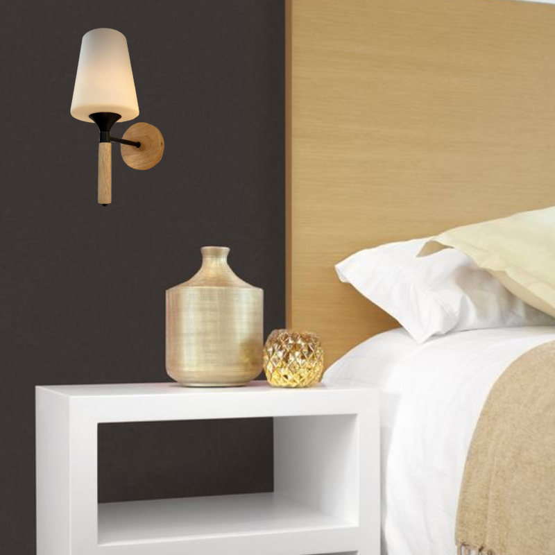 Aplique Farol Vidrio Mate Cuerpo Madera Elegante + Ampolleta
