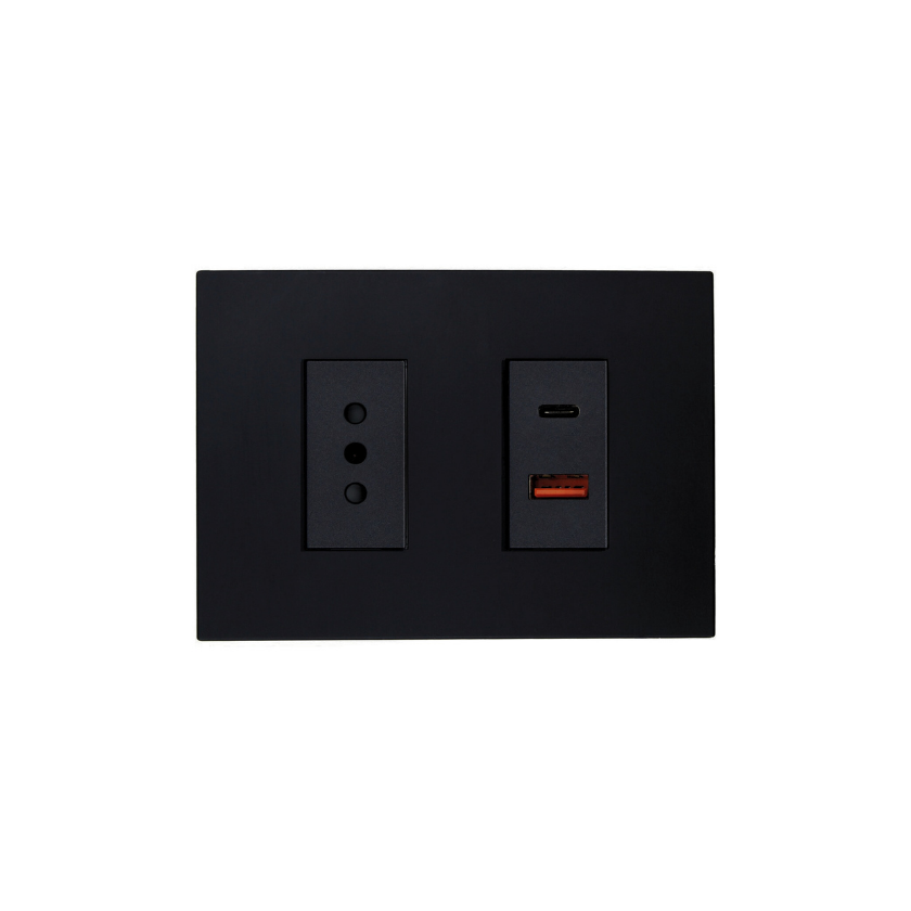 Tomarcorriente Simple 10A 250V + Toma USB Tipo A+C Teclon Negro SEC
