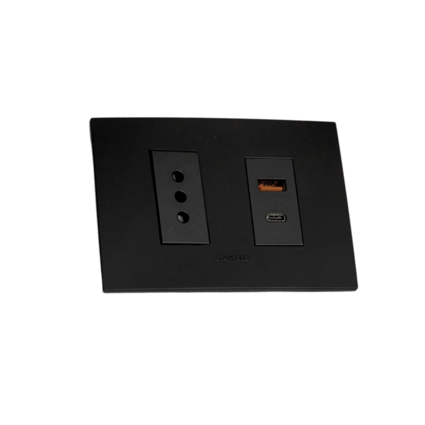 Tomarcorriente Simple 10A 250V + Toma USB Tipo A+C Teclon Negro SEC