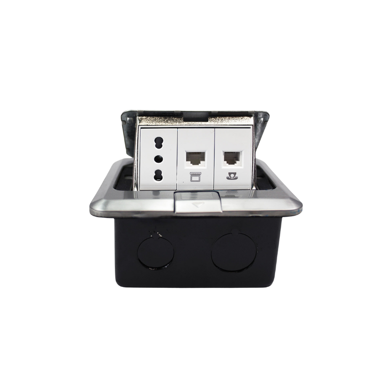Caja De Piso Pop-Up Mealica 1 Enchufe 10/16A+Toma Internet RJ45+Toma Telefono RJ11
