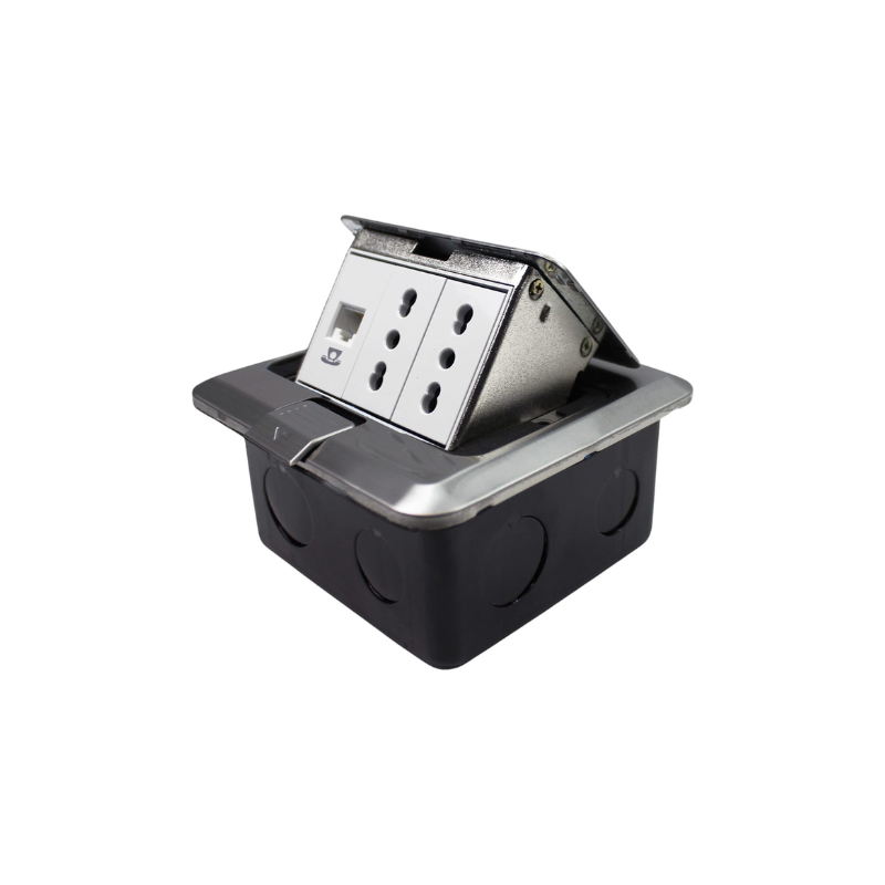 Caja De Piso Pop-Up Metalica 2 Enchufes 10/16A + Toma Telefono RJ11
