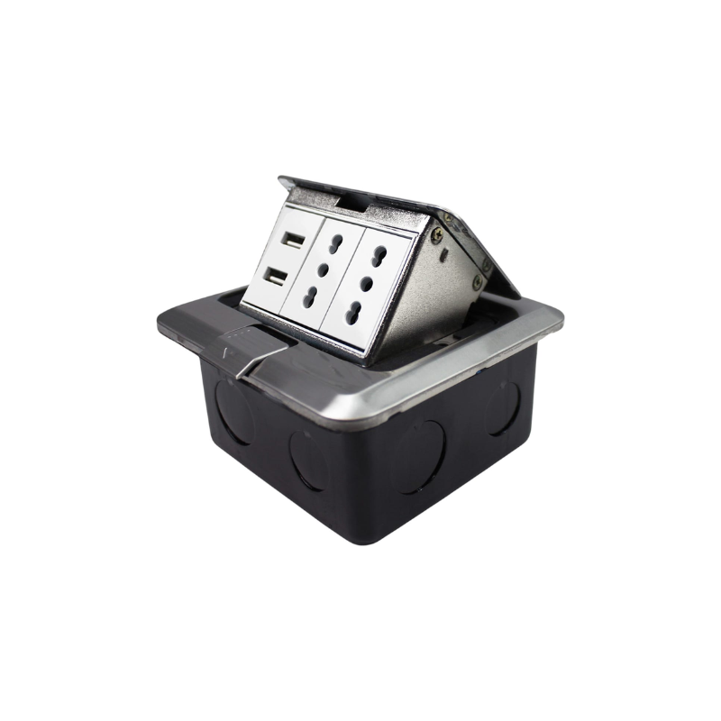 Caja De Piso Pop-Up Metalica 2 Enchufes 10/16A + 2 Toma USB