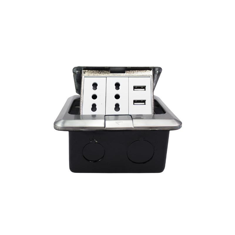 Caja De Piso Pop-Up Metalica 2 Enchufes 10/16A + 2 Toma USB