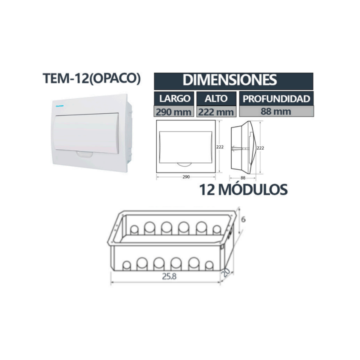 Tablero Embutido Tapa Opaca IP40 12 Circuitos SEC T8+4