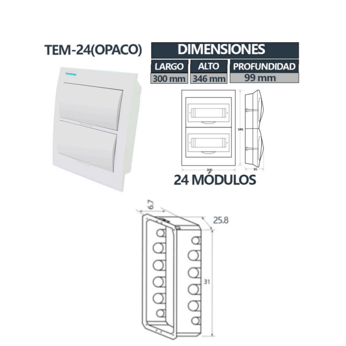 Tablero Embutido Tapa Opaca IP40 24 Circuitos SEC T8+4