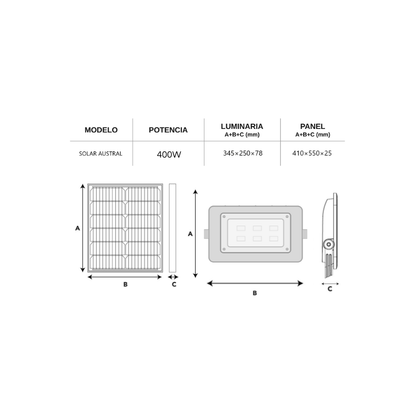 Foco Proyector Led con panel solar Modelo Austral Profesional 400W 210lm 6500K IP65 IK08 + Control