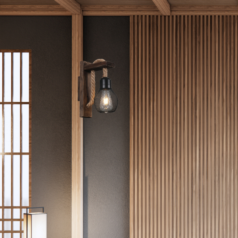 Aplique Negro Madera Mdf Porta E27 Simple Modelo Teca