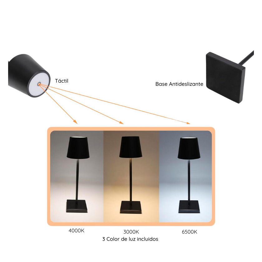 Lampara Led Negra Tactil Recargable Dimeable con Usb