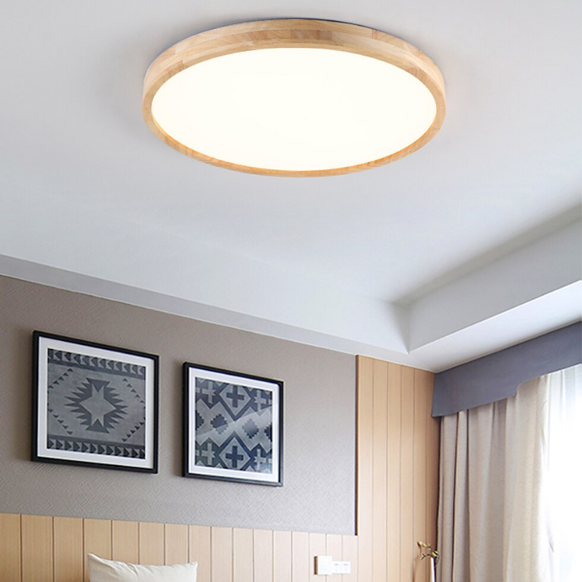 Lampara Redonda Sobrepuesta Madera Clara con control 30cm 24w+24W