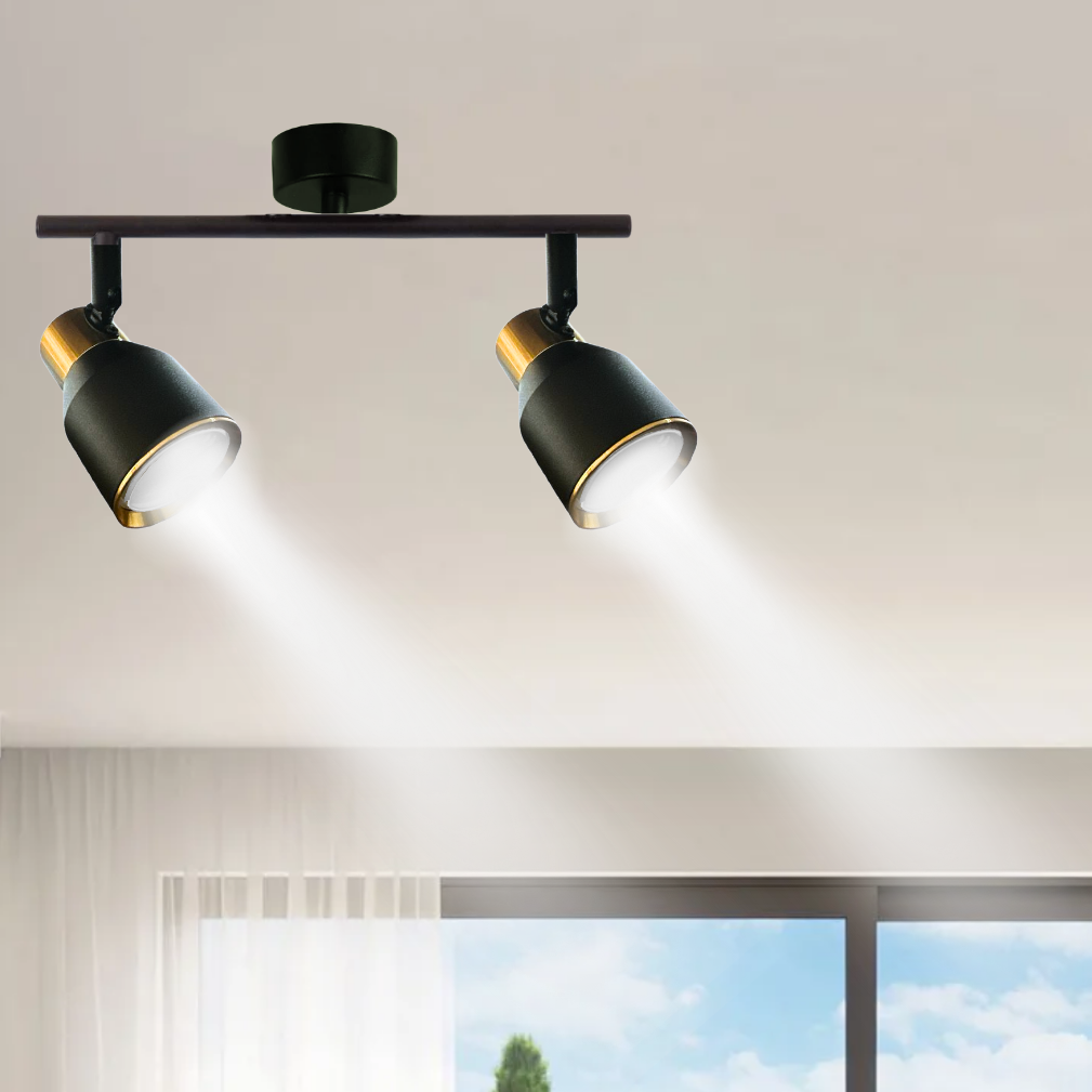 Aplique Doble Foco Negro Dorado Con Ampolleta Dicroica Gu10 Dirigible Modelo Hiades SEC