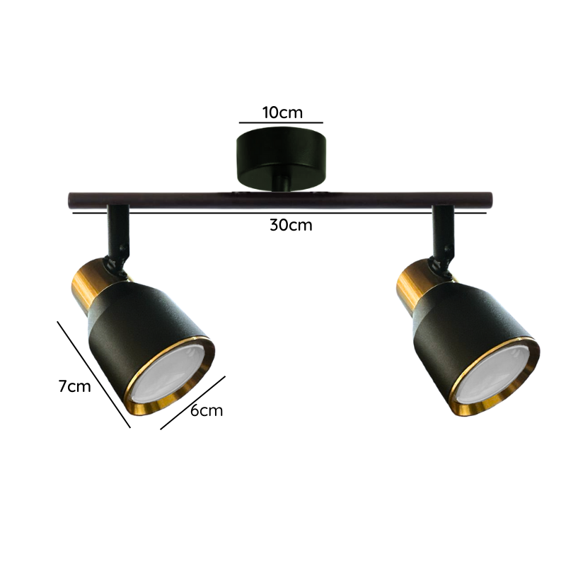 Aplique Doble Foco Negro Dorado Con Ampolleta Dicroica Gu10 Dirigible Modelo Hiades SEC