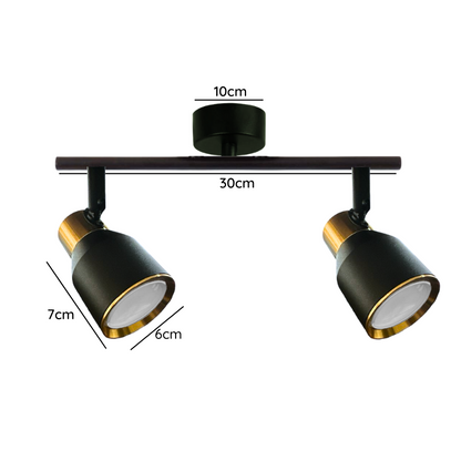 Aplique Doble Foco Negro Dorado Con Ampolleta Dicroica Gu10 Dirigible Modelo Hiades SEC