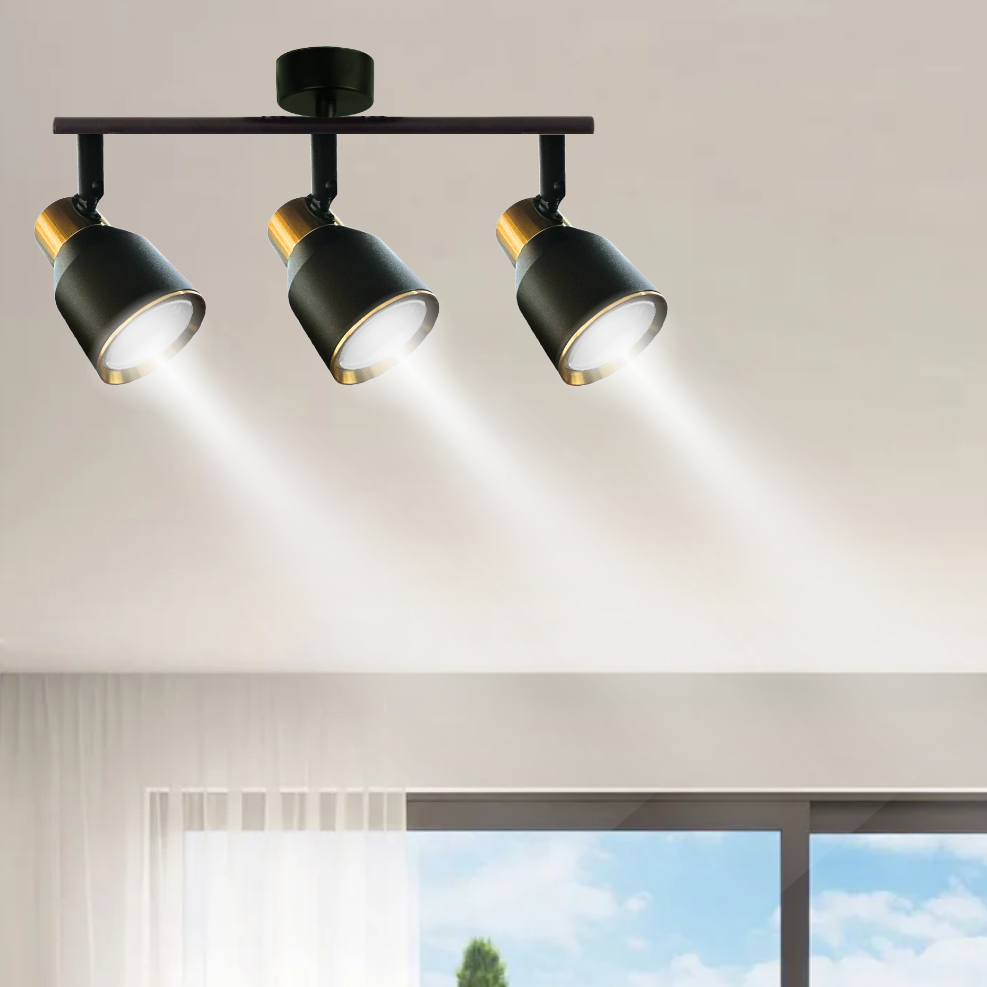 Aplique Triple Negro Dorado Con Ampolleta Dicroica Gu10 Dirigible Modelo Hiades SEC