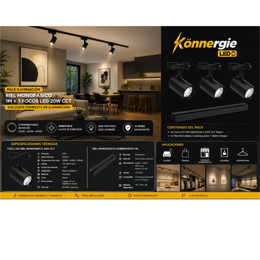 Pack 3 Foco Riel monofásico Negro CCT 60W + Riel 1 metro