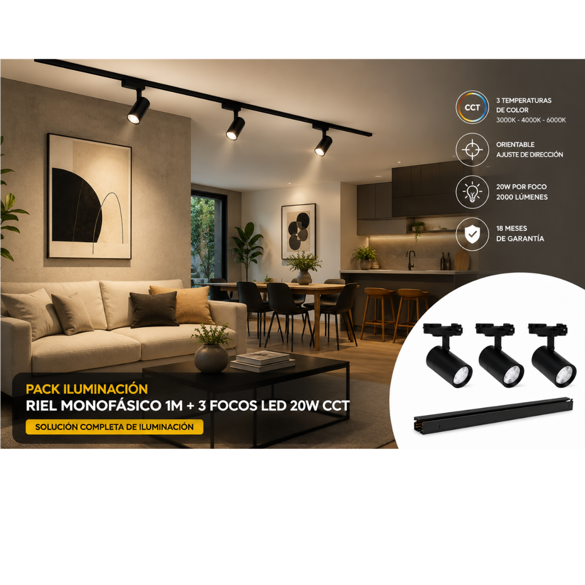 Pack 3 Foco Riel monofásico Negro CCT 60W + Riel 1 metro