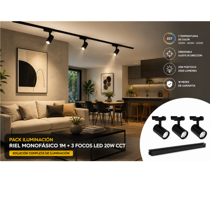 Pack 3 Foco Riel monofásico Negro CCT 60W + Riel 1 metro
