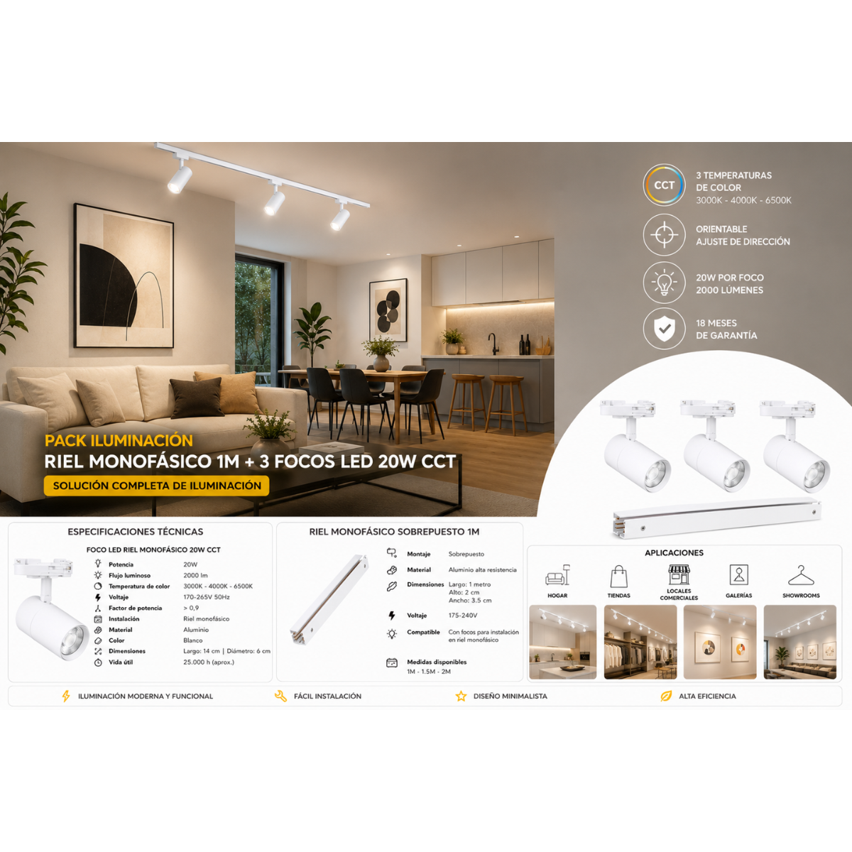 Pack 3 Foco Riel monofásico Blanco CCT 60W + Riel 1 metro