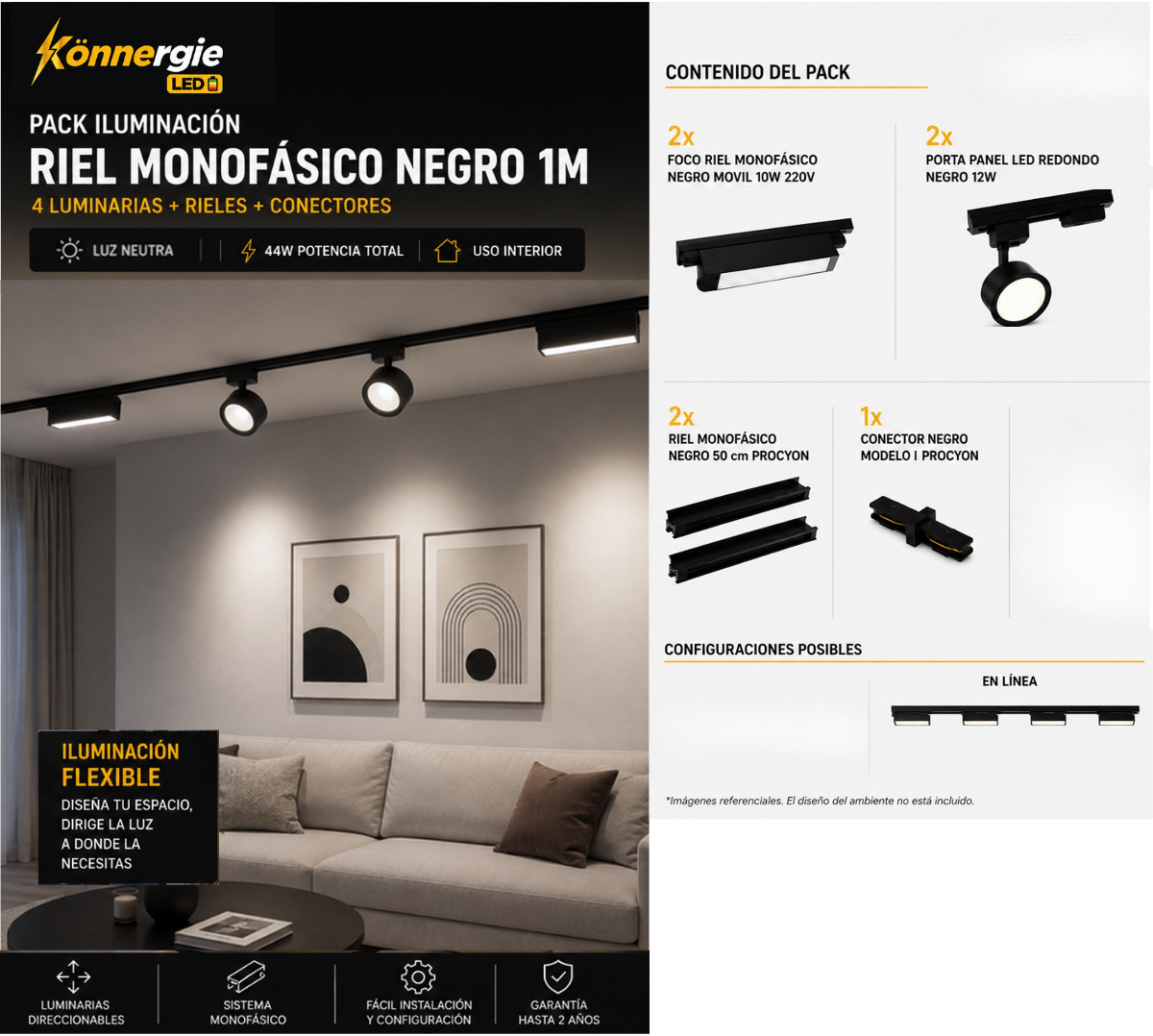 Pack 4 Focos Monofasicos 44W con Riel Negro + Accesorio I