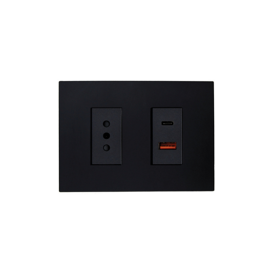 Tomarcorriente Simple 10A 250V + Toma USB Tipo A+C  Teclon Negro SEC