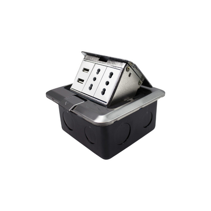 Caja De Piso Pop-Up Metalica 2 Enchufes 10/16A + 2 Toma USB