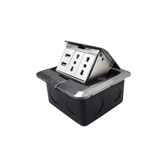 Caja De Piso Pop-Up Metalica 2 Enchufes 10/16A + 2 Toma USB